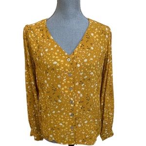 Garnet Hill crêpe button up yellow floral top lightweight viscose size XS NWOT